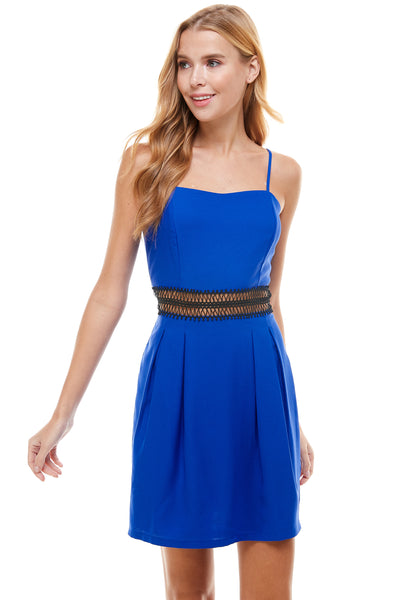 Libby Cobalt Mini Dress. Back hidden zipper closure with adjustable spaghetti straps. Waist lace trim detail.