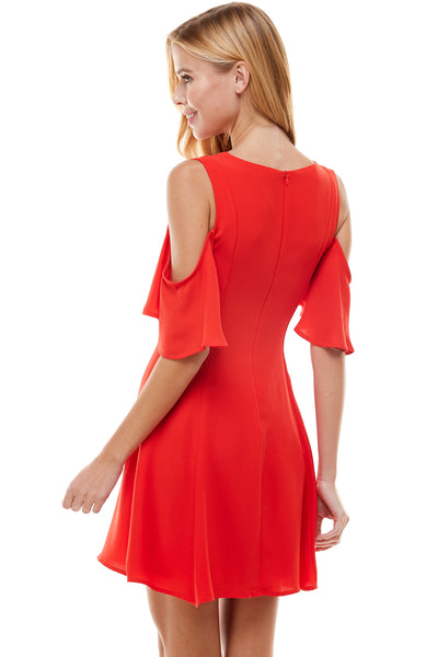 Susie Mini Dress in Red. Cold shoulder sleeves with hidden back zipper closure.