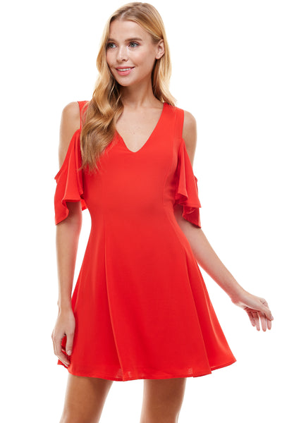 Susie Mini Dress in Red. Cold shoulder sleeves with hidden back zipper closure.