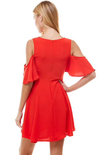 Susie Mini Dress in Red. Cold shoulder sleeves with hidden back zipper closure.