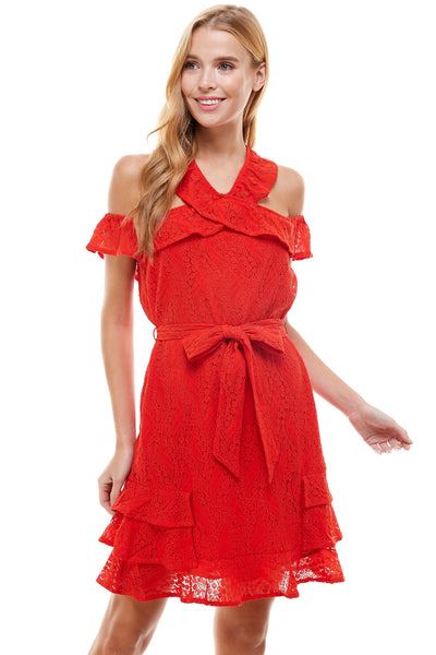 Danica Red Mini Lace Dress. Halter neck with Cold shoulder detail. Self belt tie, pull over dress and tiered ruffle hemline. Back neck button closure.