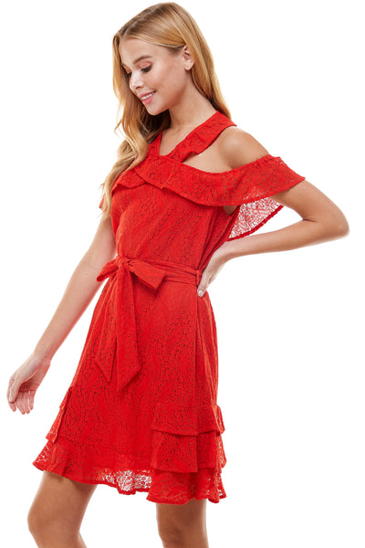 Danica Red Mini Lace Dress. Halter neck with Cold shoulder detail. Self belt tie, pull over dress and tiered ruffle hemline. Back neck button closure.