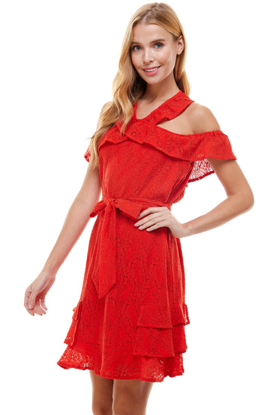 Danica Red Mini Lace Dress. Halter neck with Cold shoulder detail. Self belt tie, pull over dress and tiered ruffle hemline. Back neck button closure.