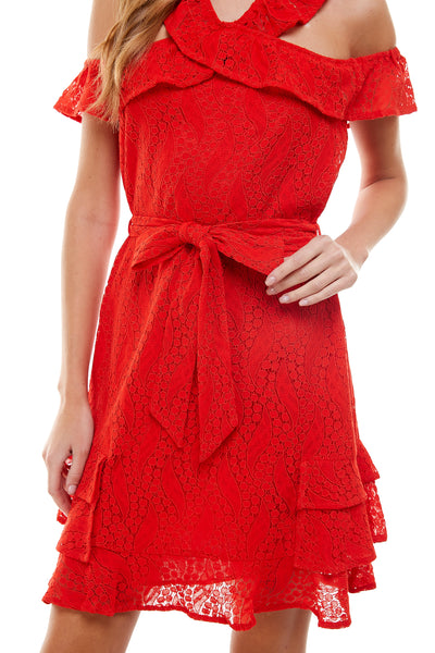 Danica Red Mini Lace Dress. Halter neck with Cold shoulder detail. Self belt tie, pull over dress and tiered ruffle hemline. Back neck button closure.