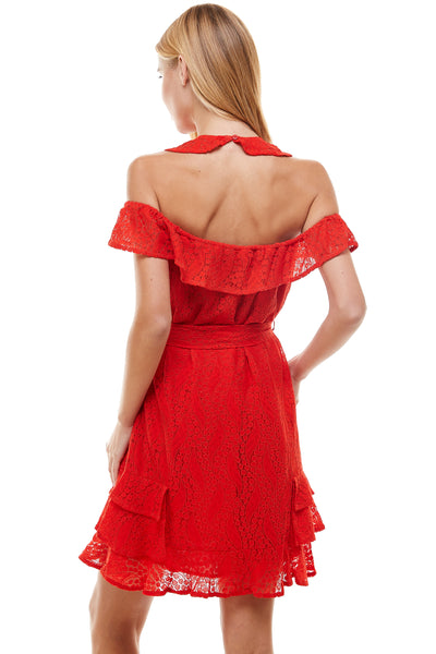 Danica Red Mini Lace Dress. Halter neck with Cold shoulder detail. Self belt tie, pull over dress and tiered ruffle hemline. Back neck button closure.