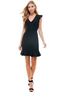 Nadine Black  Mini Dress. Plunging neckline. Mini ruffle hem line. Ruffle cap sleeve. Upper back lace and hidden back zipper closure.