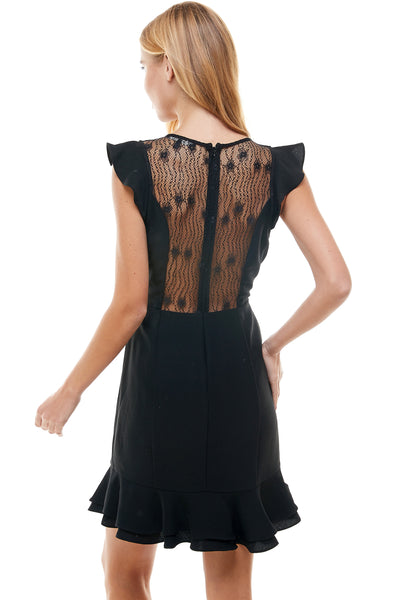 Nadine Black Mini Dress. Plunging neckline. Mini ruffle hem line. Ruffle cap sleeve. Upper back lace and hidden back zipper closure.