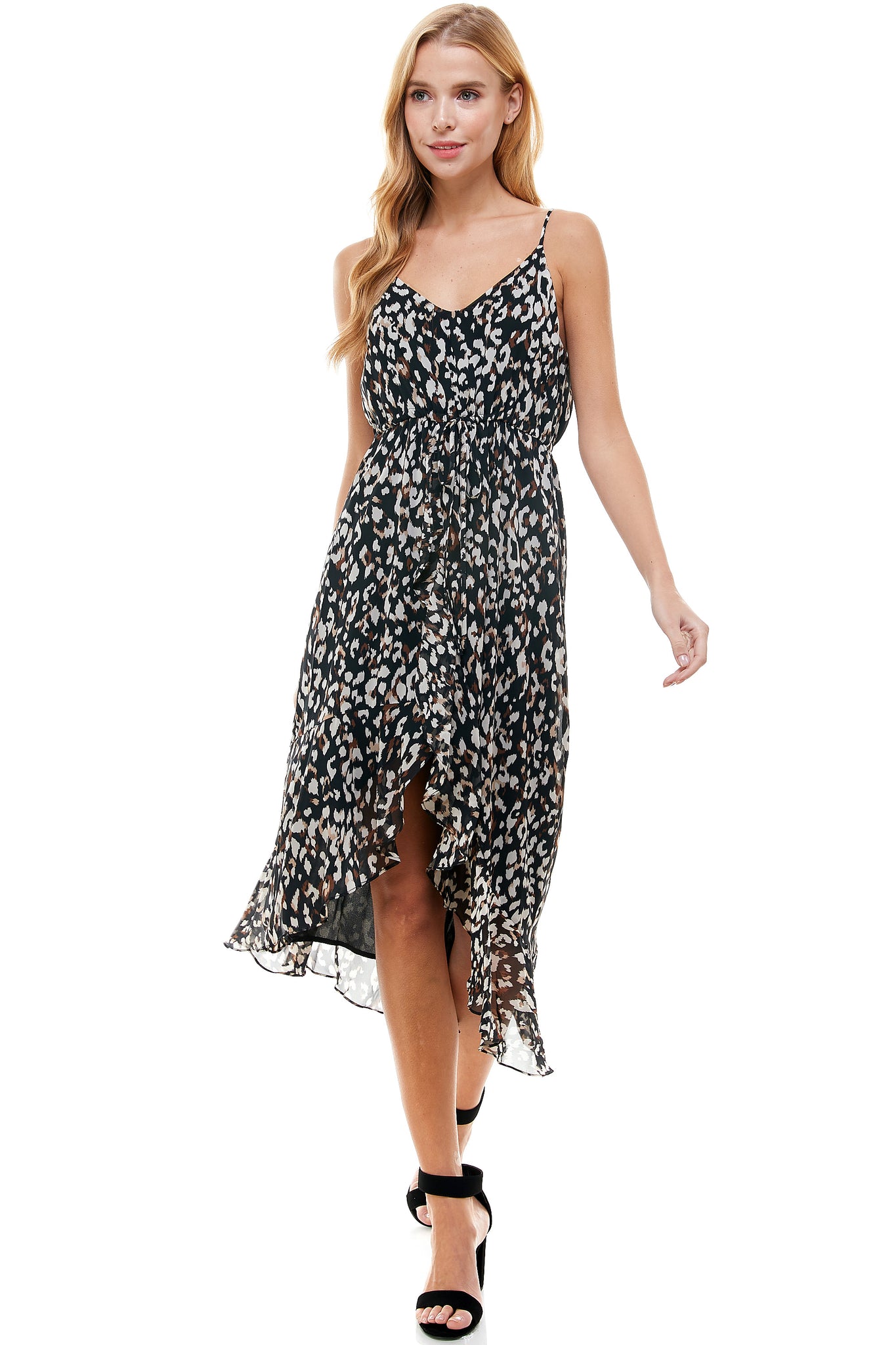 Eliza High low Dress in Black animal print.  Adjustable spaghetti strap and  waist drawstring. Cascading front detail.