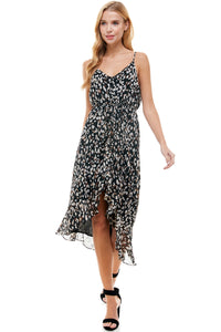 Eliza High low Dress in Black animal print.  Adjustable spaghetti strap and  waist drawstring. Cascading front detail.