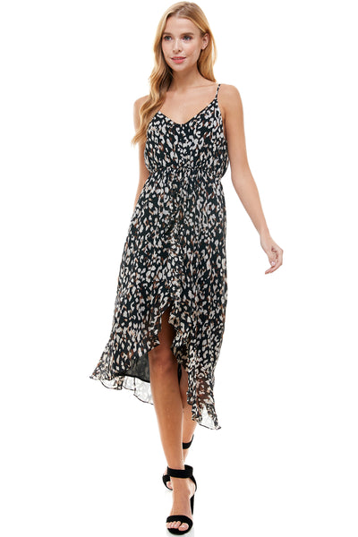 Eliza High low Dress in Black animal print.  Adjustable spaghetti strap and  waist drawstring. Cascading front detail.