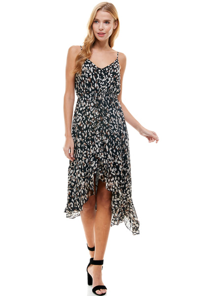 Eliza High low Dress in Black animal print. Adjustable spaghetti strap and waist drawstring. Cascading front detail.