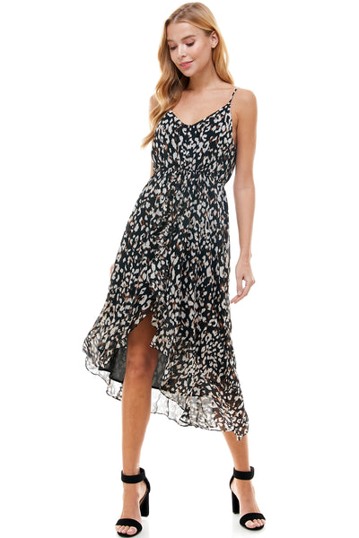 Eliza High low Dress in Black animal print. Adjustable spaghetti strap and waist drawstring. Cascading front detail.