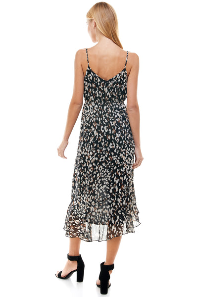 Eliza High low Dress in Black animal print. Adjustable spaghetti strap and waist drawstring. Cascading front detail.