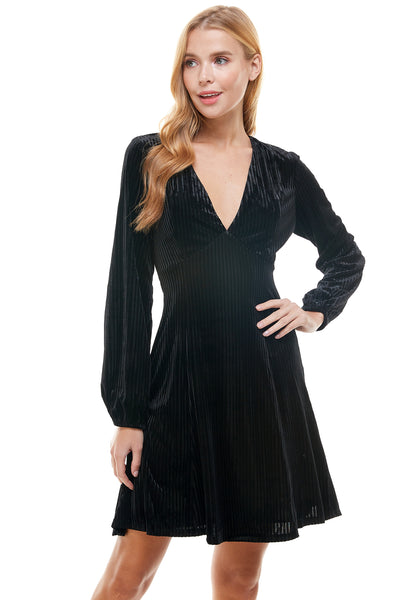 Remi Black Velvet Long sleeve dress. Plunging neckline. Hidden back zipper closure.