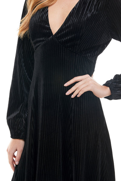 Remi Black Velvet Long sleeve dress. Plunging neckline. Hidden back zipper closure.