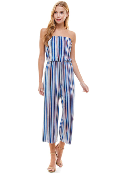 Tube top Rainbow Blue jumpsuit. Cropped length with Elastic waist line. Pleated detail.