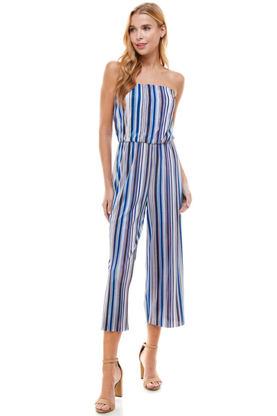 Tube top Rainbow Blue jumpsuit. Cropped length with Elastic waist line. Pleated detail.