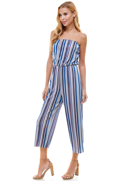 Tube top Rainbow Blue jumpsuit. Cropped length with Elastic waist line. Pleated detail.