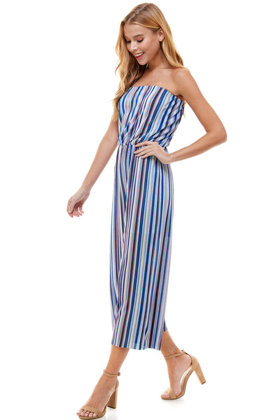 Tube top Rainbow Blue jumpsuit. Cropped length with Elastic waist line. Pleated detail.