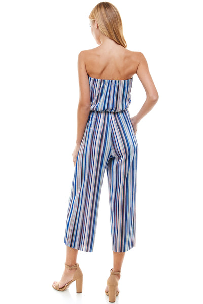 Tube top Rainbow Blue jumpsuit. Cropped length with Elastic waist line. Pleated detail.