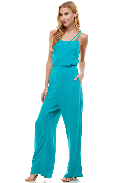 Nicolette Teal Jumpsuit. Spaghetti double strap with pockets. Elastic waistline.