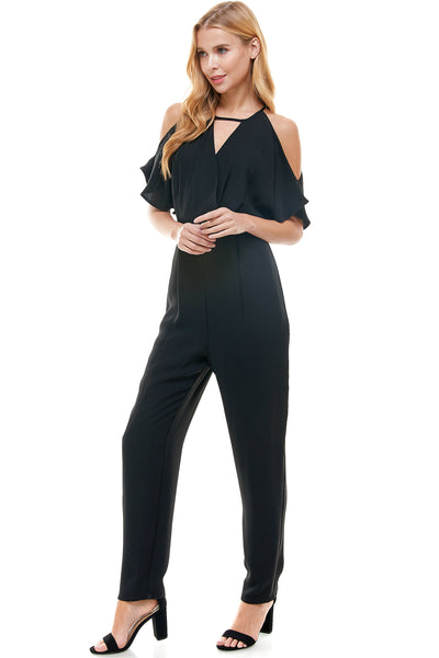 Selena Black Jumpsuit. Cold shoulder with hidden back zipper closure.