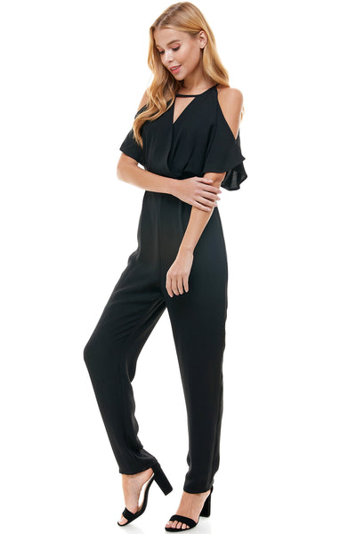 Selena Black Jumpsuit. Cold shoulder with hidden back zipper closure.