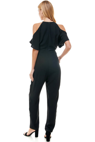 Selena Black Jumpsuit. Cold shoulder with hidden back zipper closure.