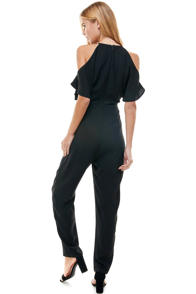 Selena Black Jumpsuit. Cold shoulder with hidden back zipper closure.