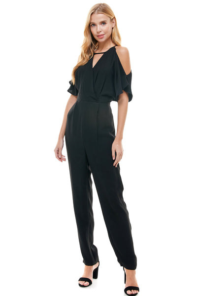 Selena Black Jumpsuit. Cold shoulder with hidden back zipper closure.