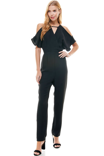 Selena Black Jumpsuit. Cold shoulder with hidden back zipper closure.