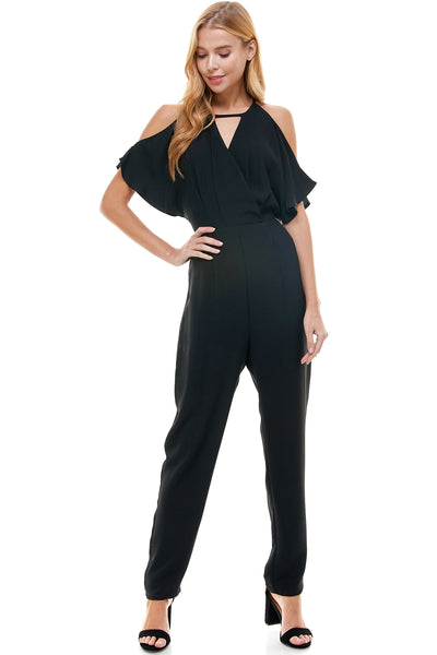 Selena Black Jumpsuit. Cold shoulder with hidden back zipper closure.