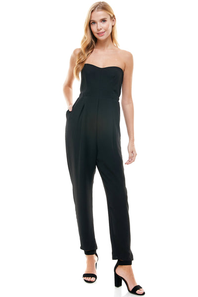 Bonnie tube top jumpsuit in Black with pockets. Hidden back zipper closure.