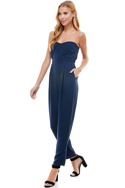 Bonnie tube top jumpsuit in Navy with pockets. Hidden back zipper closure.