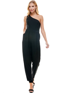 Darlene Black one shoulder jumpsuit with pockets. Hidden side zipper closure.