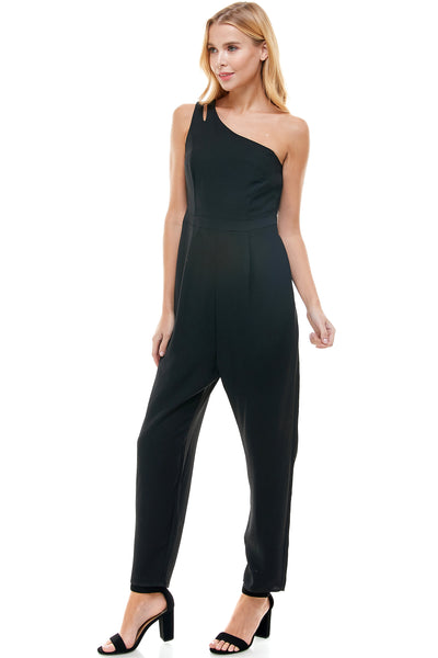 Darlene Black one shoulder jumpsuit with pockets. Hidden side zipper closure.