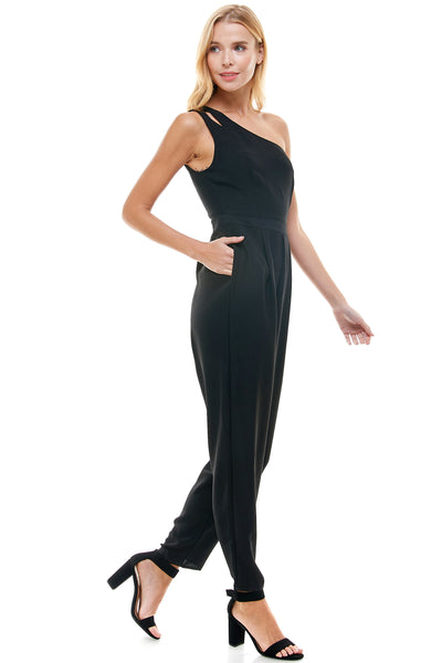 Darlene Black one shoulder jumpsuit with pockets. Hidden side zipper closure.