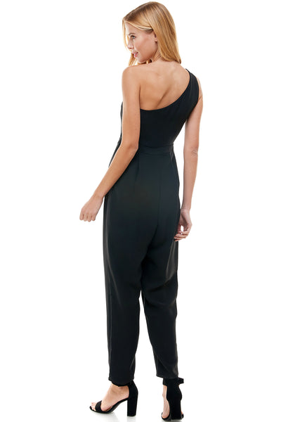 Darlene Black one shoulder jumpsuit with pockets. Hidden side zipper closure.