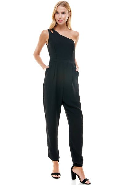 Darlene Black one shoulder jumpsuit with pockets. Hidden side zipper closure.