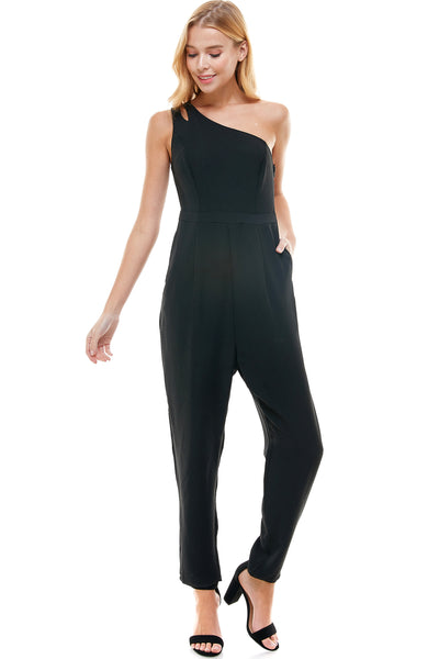 Darlene Black one shoulder jumpsuit with pockets. Hidden side zipper closure.