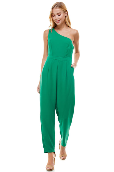 Darlene Green one shoulder jumpsuit with pockets. Hidden side zipper closure.