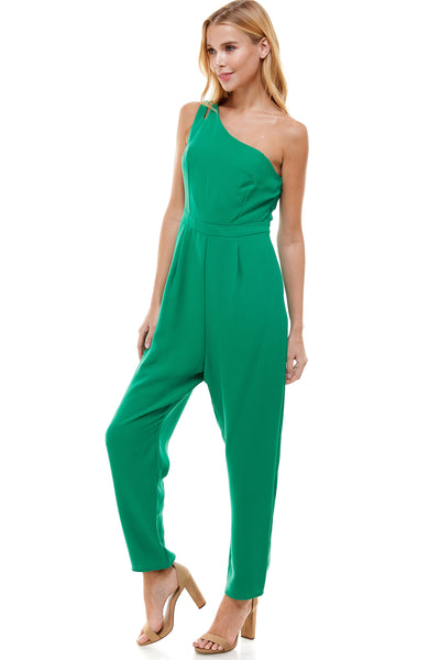 Darlene Green one shoulder jumpsuit with pockets. Hidden side zipper closure.