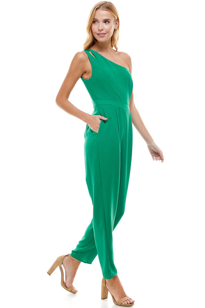 Darlene Green one shoulder jumpsuit with pockets. Hidden side zipper closure.