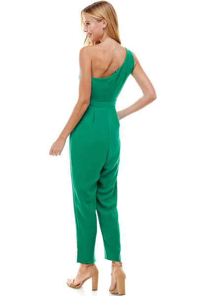 Darlene Green one shoulder jumpsuit with pockets. Hidden side zipper closure.