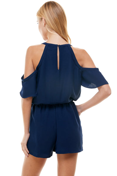 Aubrey Cold shoulder romper with drawstring at waist line, pull on. Back keyhole detail and back neck button closure.