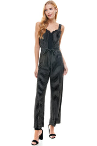 Abigail Jumpsuit in Navy pinstripe with Self Belt. Bust and center lace trim detail. Back hidden zipper closure.