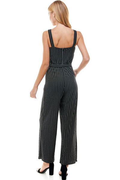 Abigail Jumpsuit in Navy pinstripe with Self Belt. Bust and center lace trim detail. Back hidden zipper closure.