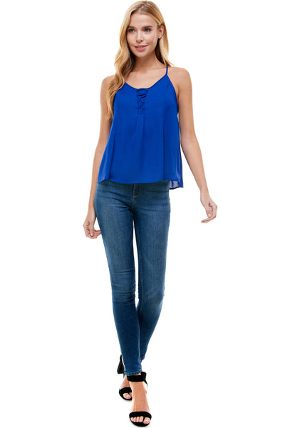 Hailey spaghetti strap racer tank top in Cobalt Blue.