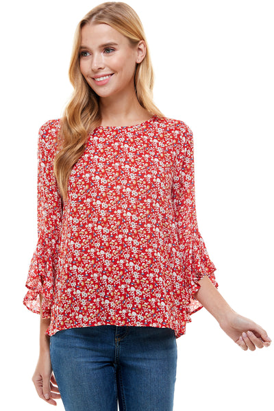 Pamela Red floral print Bell sleeve blouse. Back neck self tie.