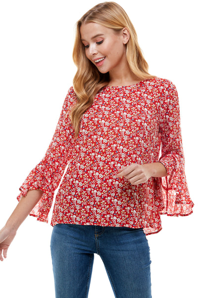 Pamela Red floral print Bell sleeve blouse. Back neck self tie.